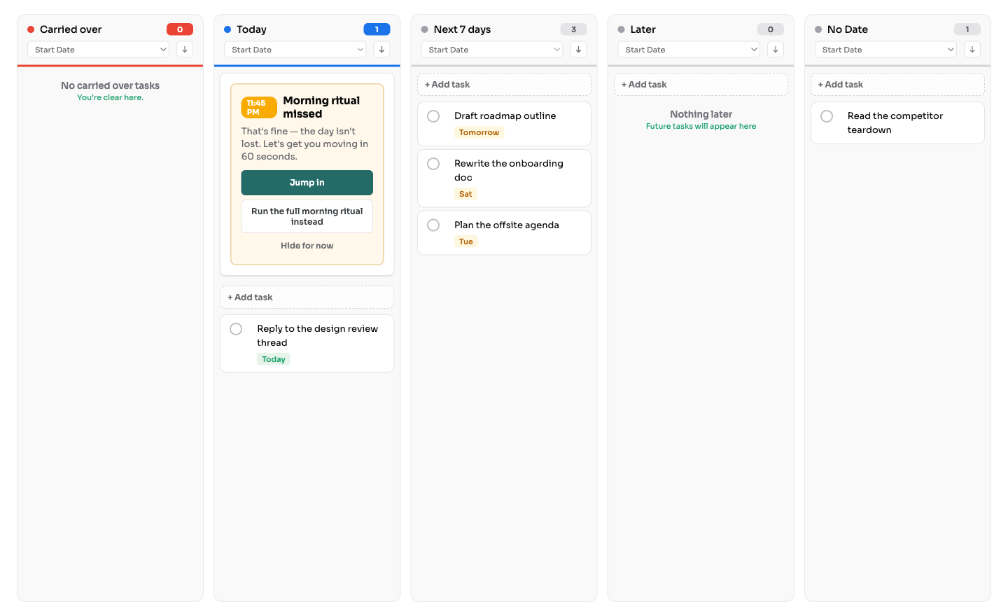 Traverce organizing Google Tasks into Carried over, Today, Next 7 Days, Later, and No Date