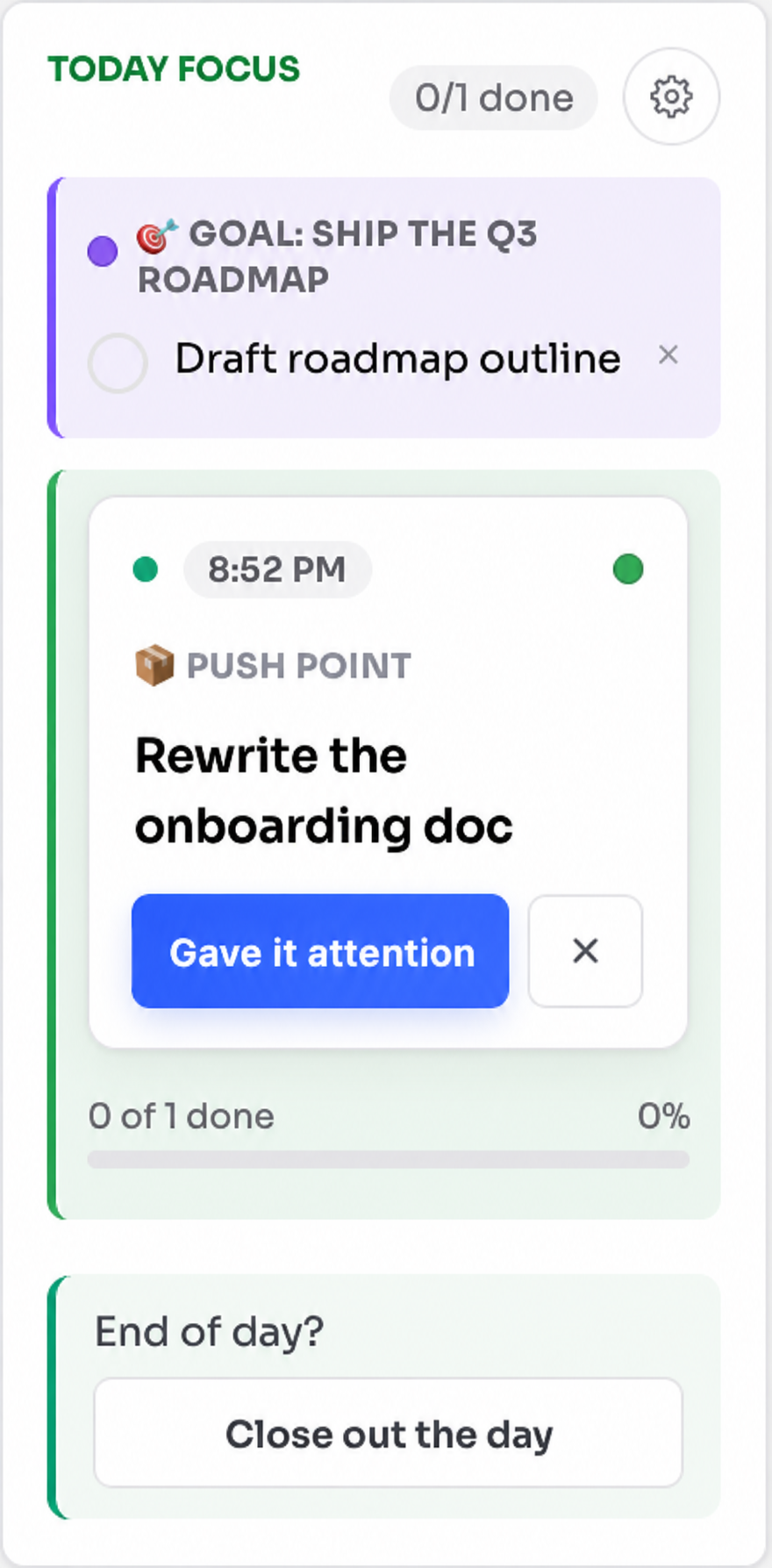 Traverce Today Focus panel showing a goal and Push Point